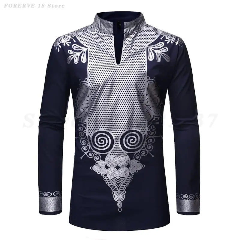 Men's Shirts Fashion Long Sleeve African Turkish Chieftain Print Robe Male Casual Blouses Traditional Ethnic Style Muslim Shirts