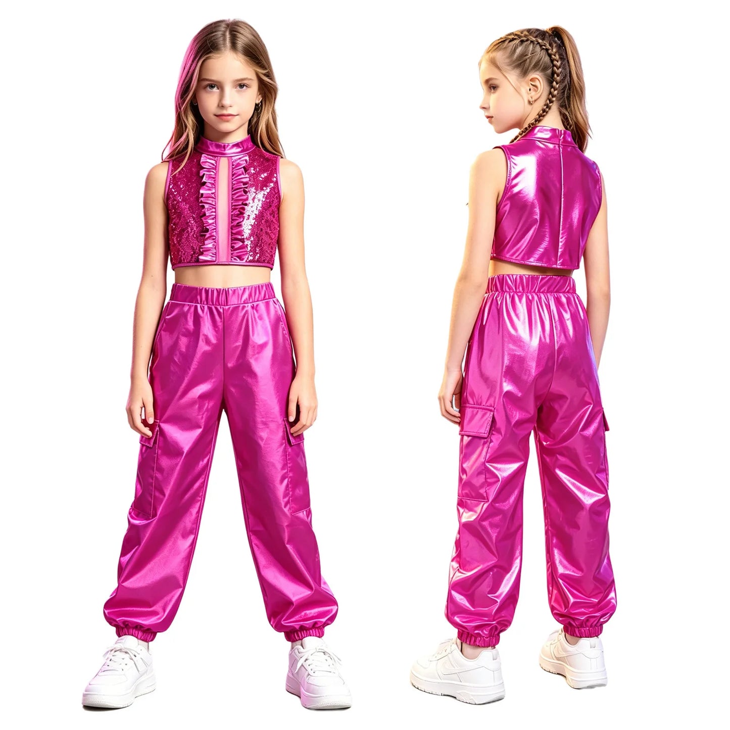 Kids Girls Disco Jazz Hip Hop Dance Outfit Sleeveless Shiny Sequin Ruffle Crop Top with Metallic Pants School Show Party Costume