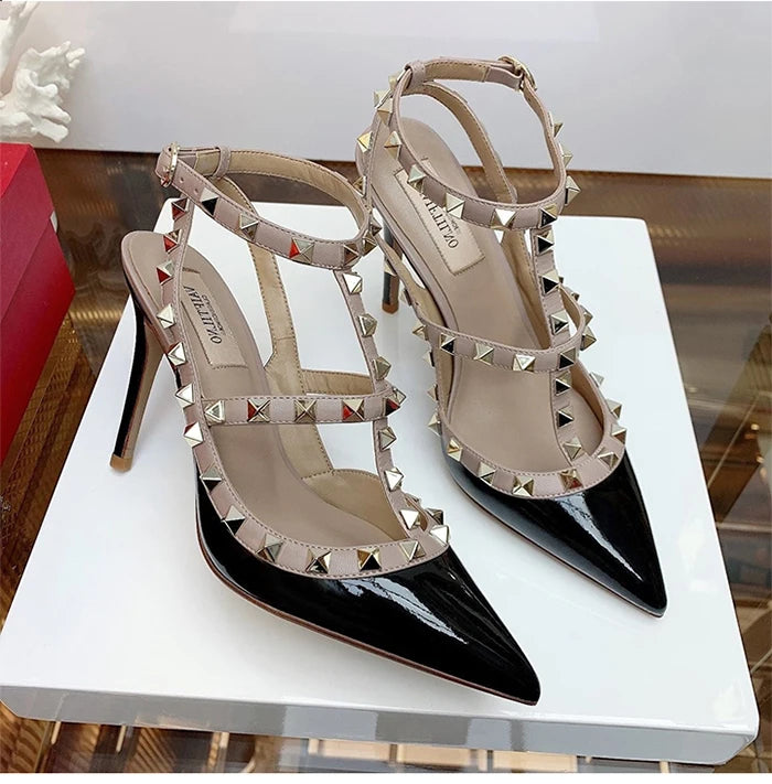 Nude Women's Gladiator sandals Summer 2025 Luxury With Ankle Strap Pointed Toe Fashion Rivet High Heels Party Ladies Shoes Women