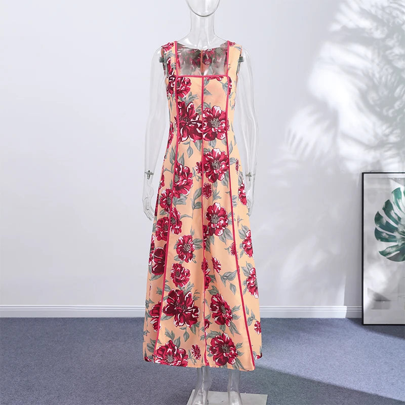 Sexy Printed Flower Long Women's Dress Sleeveless Waist-Closed Slash Neck Lady Dresses Summer Sling Vacation Holiday Robe