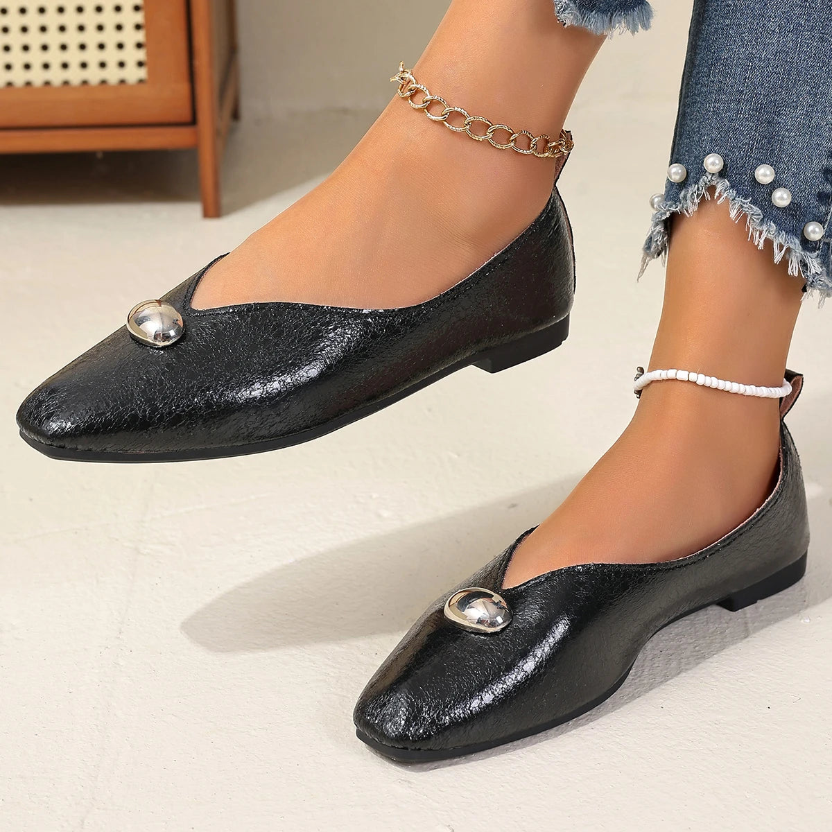 Women Flats Plus Size French Style Shoes One Step Shallow Square Toe Loafers Shoes Versatile Comfortable Summer Sneakers Women