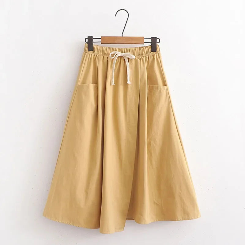 Elegant Vintage Women Skirt Summer Korean Style Solid Elastic High Waist Midi Long Skirt With Belt Female Office Ladies Wear