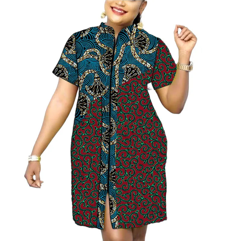Original Design African Print Women’s Dress Stand Collar Frock Tailored Traditional Party Wear Retro Patchwork Designs