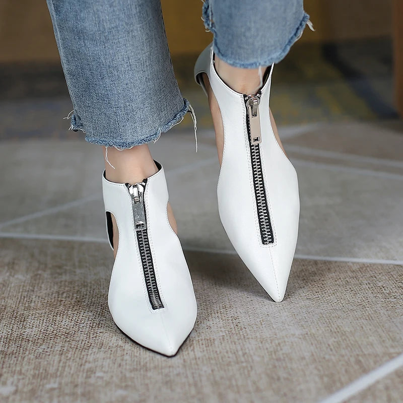 Original Design 2025 Spring Leather Women's Casual Black White Summer Boots Trendy Fashion Boots High Heels Zipper Shoes Woman