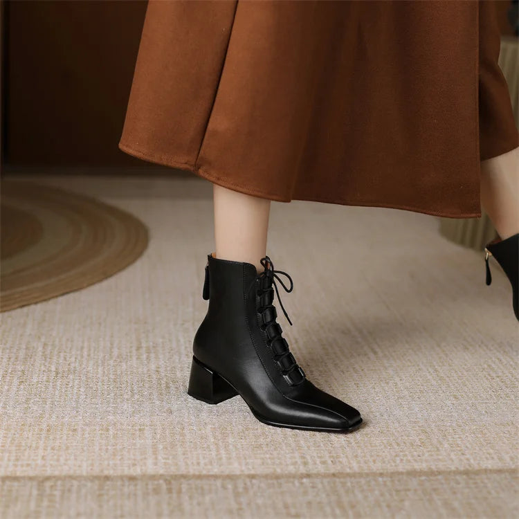 2026 Fashion Women Shoes Split Leather Short Boots Square Toe Chunky Boots Winter Shoes Women Solid High Heel Boots for Women