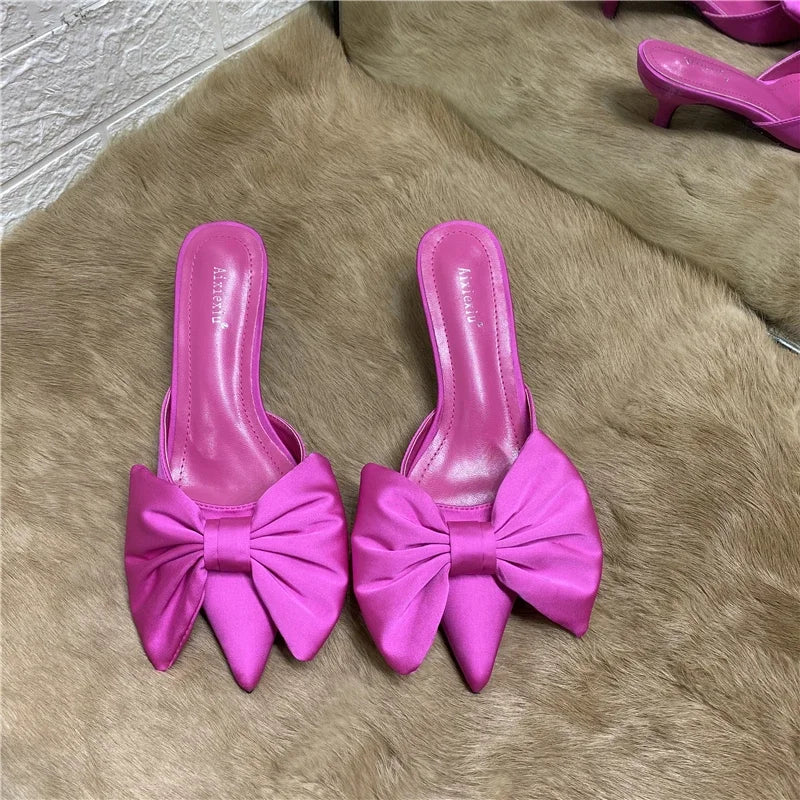 2024 Spring Pointed Toe Stiletto Heel Kitten Heels Bow Heel-Free Slippers for Women