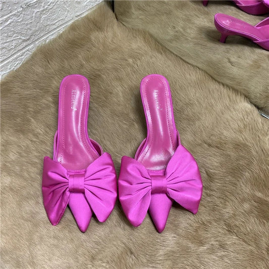2024 Spring Pointed Toe Stiletto Heel Kitten Heels Bow Heel-Free Slippers for Women