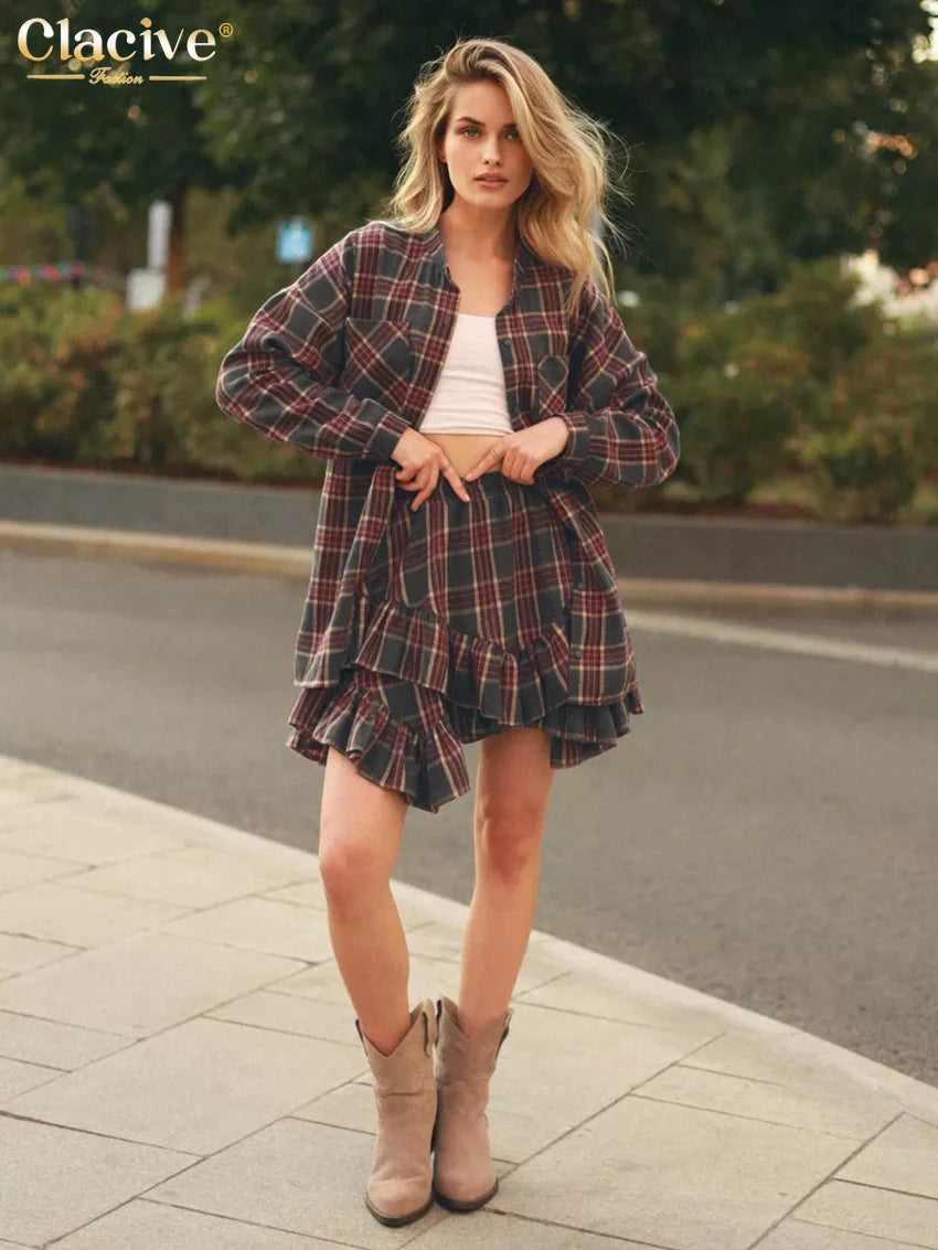 Clacive Fashion Loose Plaid 2 Piece Sets Women Outfit 2025 Elegant Long Sleeve Blouse With High Waist Pleated Mini Skirt Set