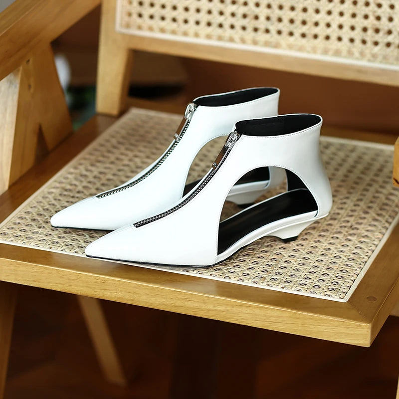 Original Design 2025 Spring Leather Women's Casual Black White Summer Boots Trendy Fashion Boots High Heels Zipper Shoes Woman