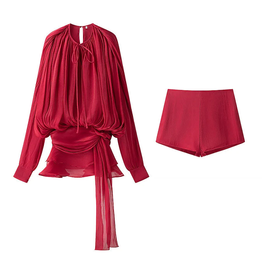 Dress Set Sweet Women Top Elegant Lantern Yarn Dress Women Spring New Short Waist Cinched Irregular Ruffle Edge Tie 9D6O