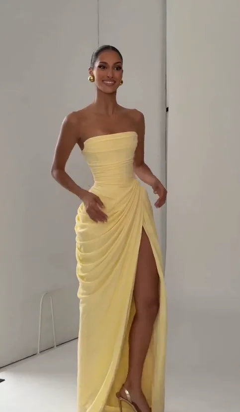 Women Sexy Solid Pleated Strapless Dress Lady Chic Off-shoulder Backless High Waist Split Dresses 2026 New Evening Party Gown