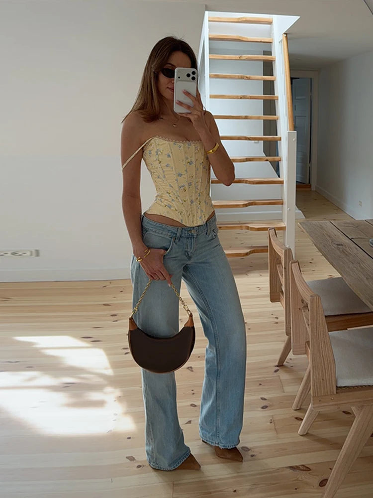 Floral Printed Fish-bone Tank Tops Women's Slim Sleeveless Back Lace-up Waist-cinching Blouses 2026 New Ladies Summer Outfit