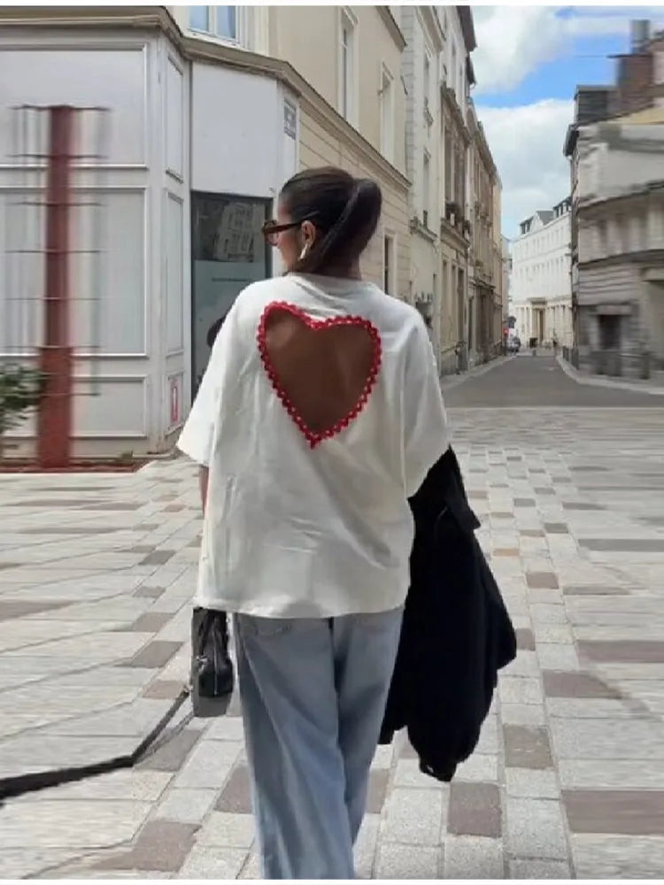 Y2k Style White Oversized T Shirt Women Fashion Backless Heart Cutout Red Trim Half Sleeve Tops Summer Casual Streetwear Outfits