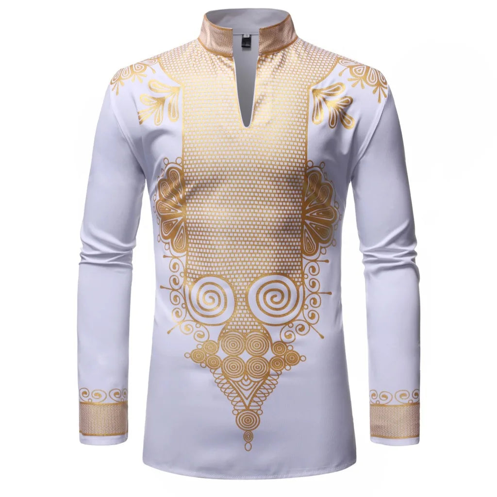 Men's Shirts Fashion Long Sleeve African Turkish Chieftain Print Robe Male Casual Blouses Traditional Ethnic Style Muslim Shirts