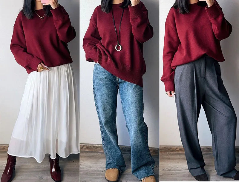 Oversize Burgundy Womens O Neck Knitwear Sweater Warm Winter Pullover