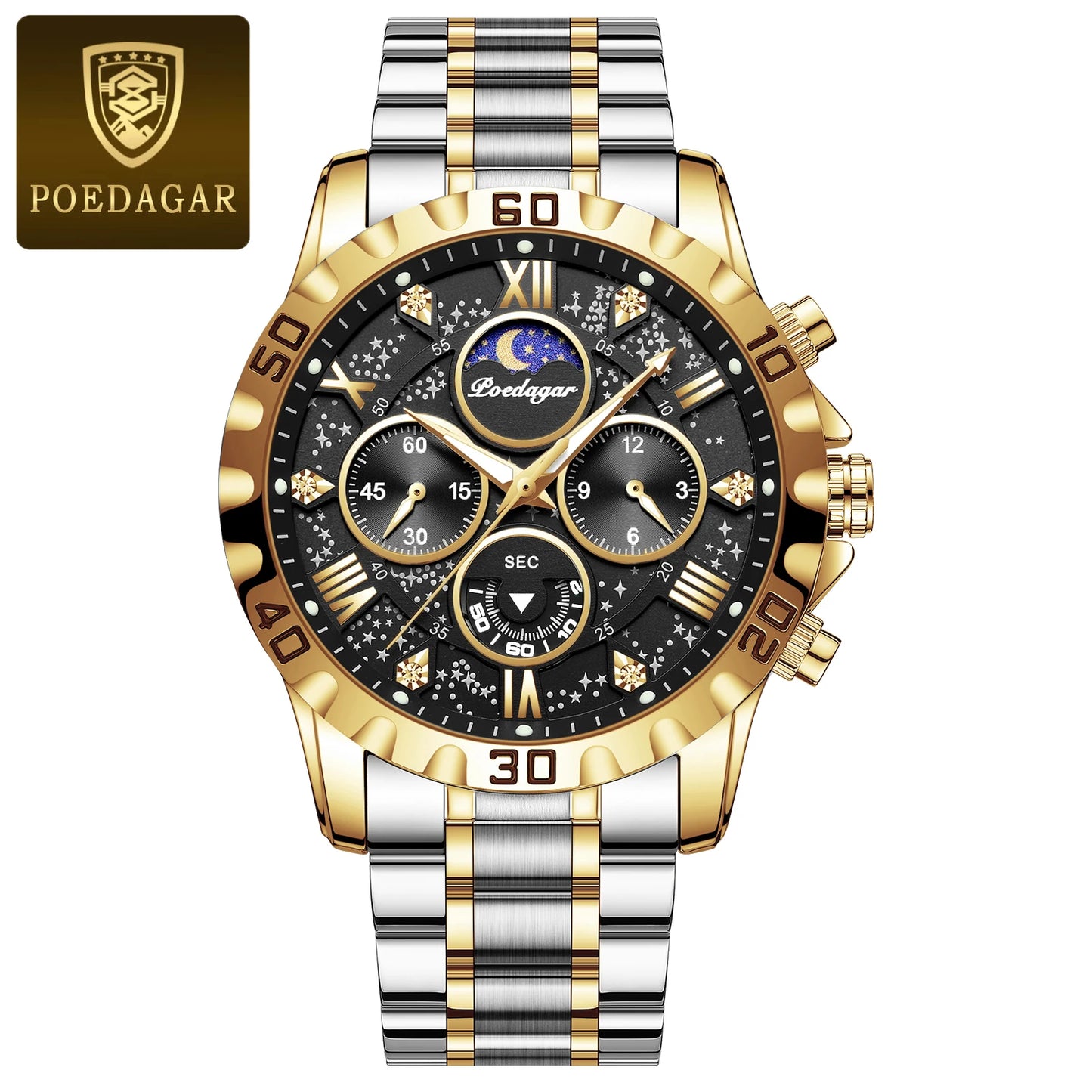 POEDAGAR Trendy Men Watch Chronograph Waterproof Luminous Stainless Steel Man Wristwatch Luxury Business Quartz Watches For Men