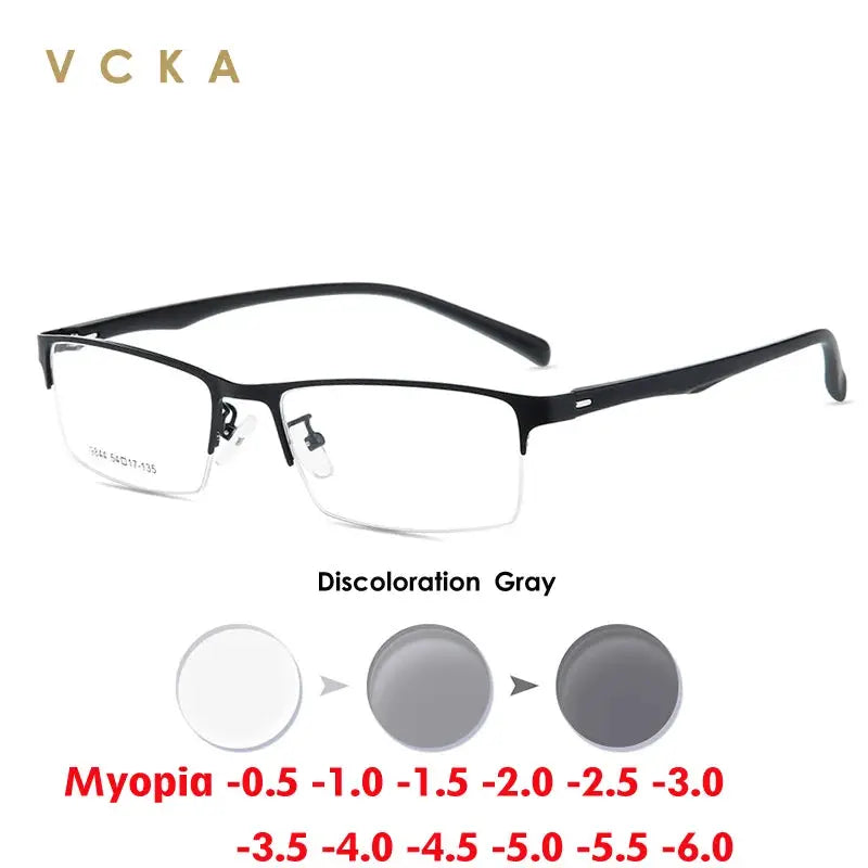 VCKA Half Frame Men Business Myopia Prescription Glasses Alloy Photochromic Anti Blue Ray Shortsighted Eyewear -0.5 TO -10 BAZAARHUBO