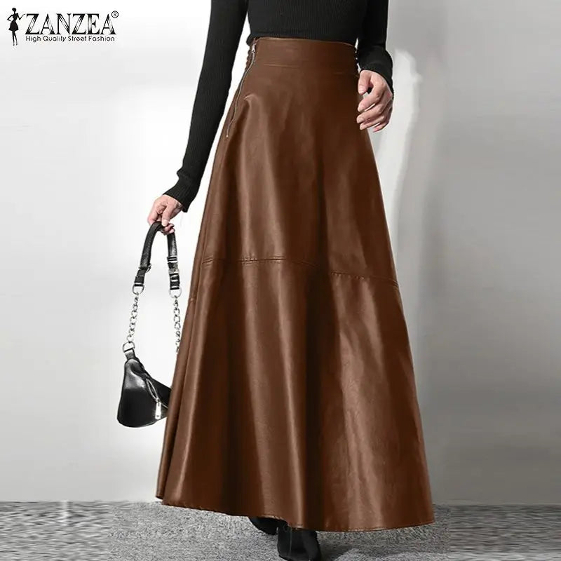 ZANZEA Women's PU Leather Maxi Skirt 2025 Autumn Elegant OL Long Saias Fashion Solid Mujer Faldas Casual High Waist Zipper Jupe