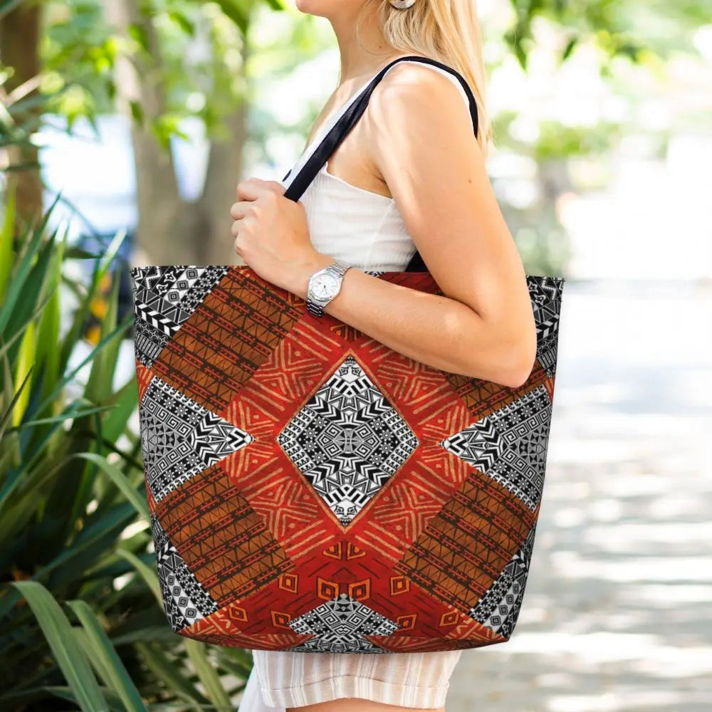 African Ankara Prints Grocery Shopping Tote Bags Women Geometric Ethnic Art Canvas Shoulder Shopper Bags Big Capacity Handbag