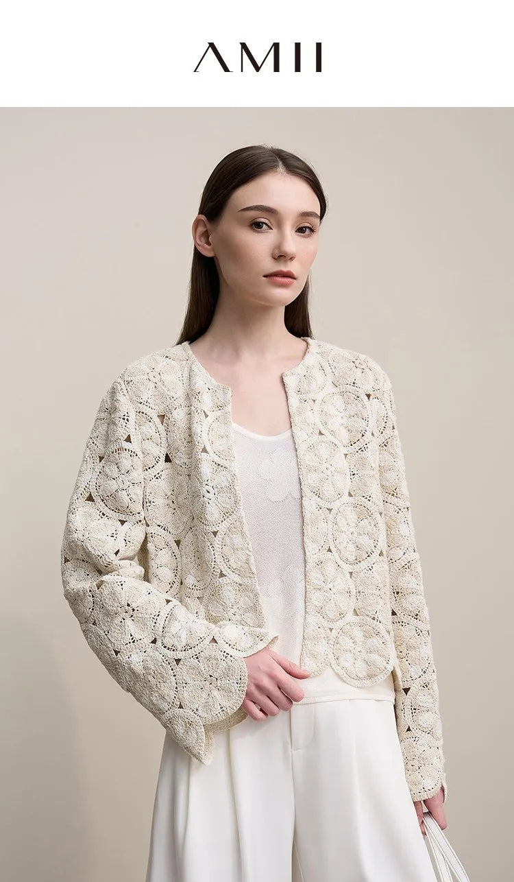 Amii Women Jackets 2026 Spring New Elegant Round Neck Hollow Crochet Jacket Women's Loose Short Cotton Long Sleeve Tops 12621069