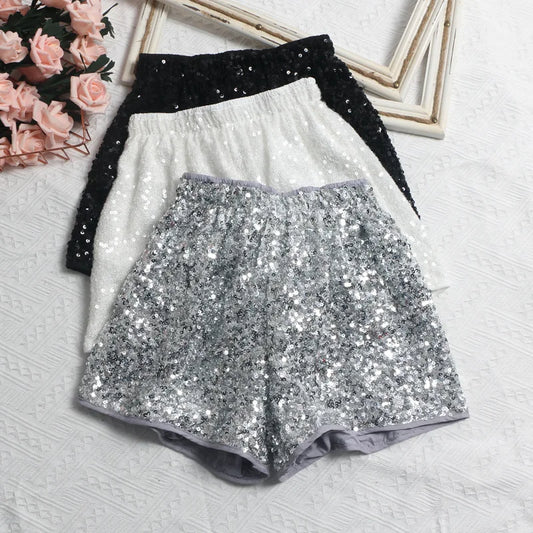 Women's Sexy Sequined Shorts High-waisted Wide-leg Pants Elastic-waisted Casual Hot Pants