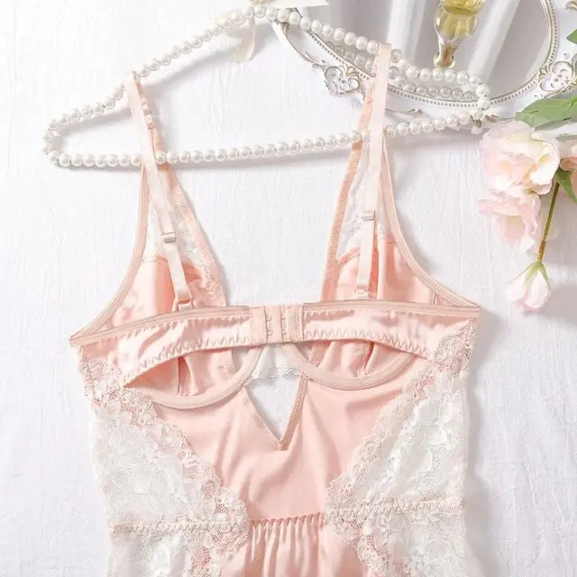 Sexy Deep-v Neck Satin Dress Sexy Lingerie Set For Women Lace Patchwork Split Sissy Night Dress Exotic Slip Dress Silk Nightwear