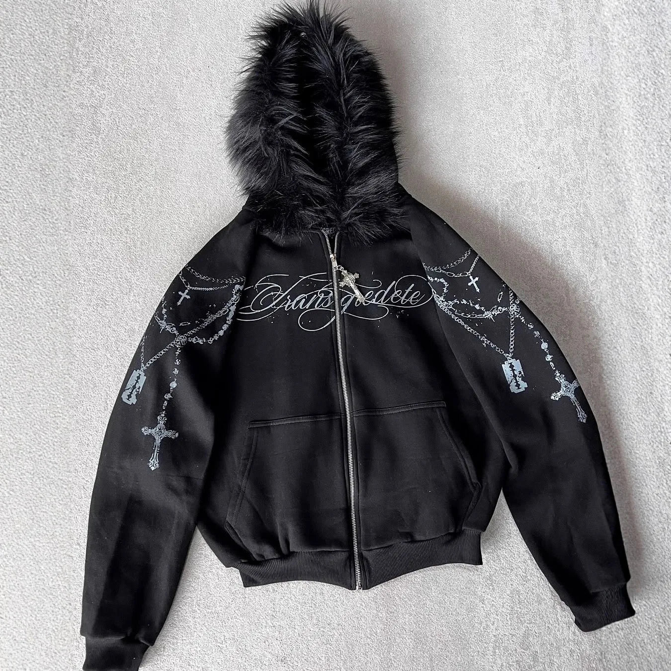 European And American High Street Printed Zipper Hoodie Loose Fit Sweatshirt