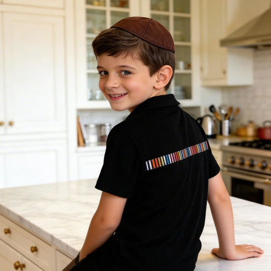 Kids Matching Clothing Set Girls Robe Boys Shirt And Pants Baby Overalls in Modal Ribbed Black/Navy with Colored Printed Stripe