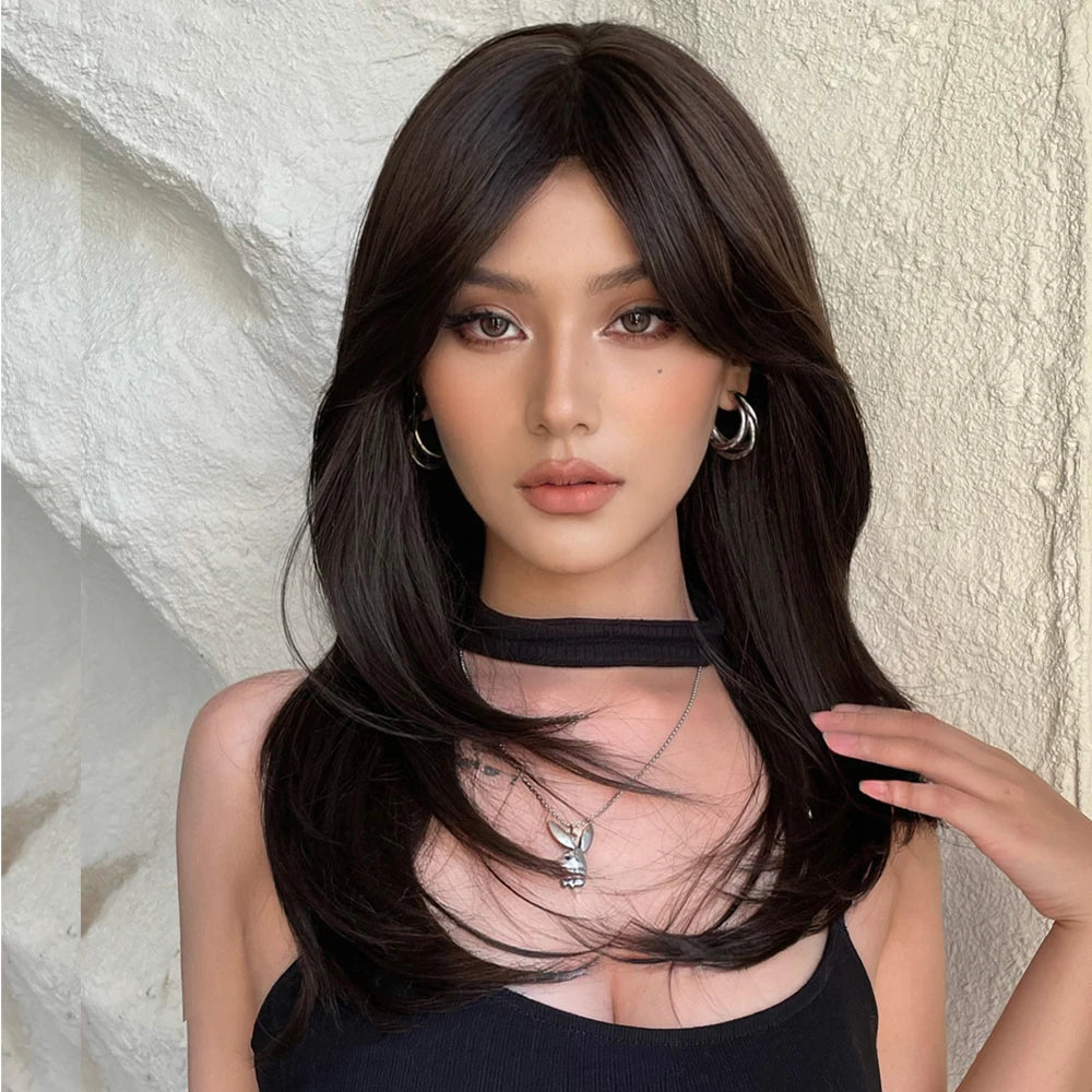 Dark Brown Black Synthetic Wigs Long Straight Layered Wig with Bangs Cosplay Party for Women Afro Natural Heat Resistant Hair