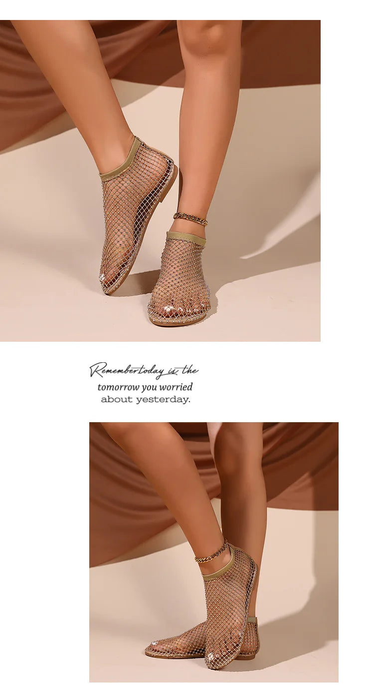 Summer Large Size Women Round Toe Flat Bottom Sandals Hollow Short Boots Water Diamond Sexy Flat Bottom Fashion Banquet Slippers