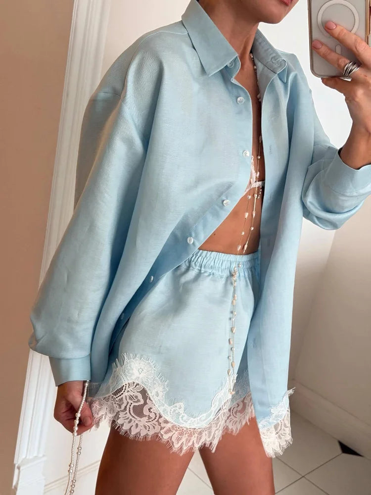 Casual Women's Matching Sets Long Sleeve Shirts Shorts Suit Lace Patchwork 2 Pieces Sets 2026 NEW Spring Beach Lady Outfits