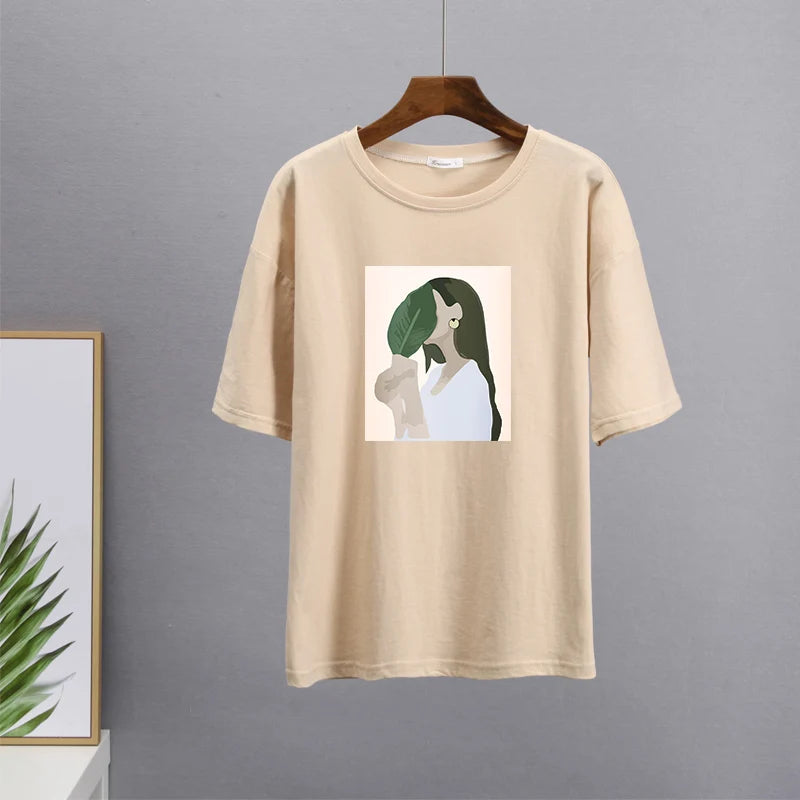 Hirsionsan Harajuku Printed T Shirt Women 2023 Summer Chic Tees 100% Cotton Elegant Graphic Clothes Loose Casual Pullover Tops