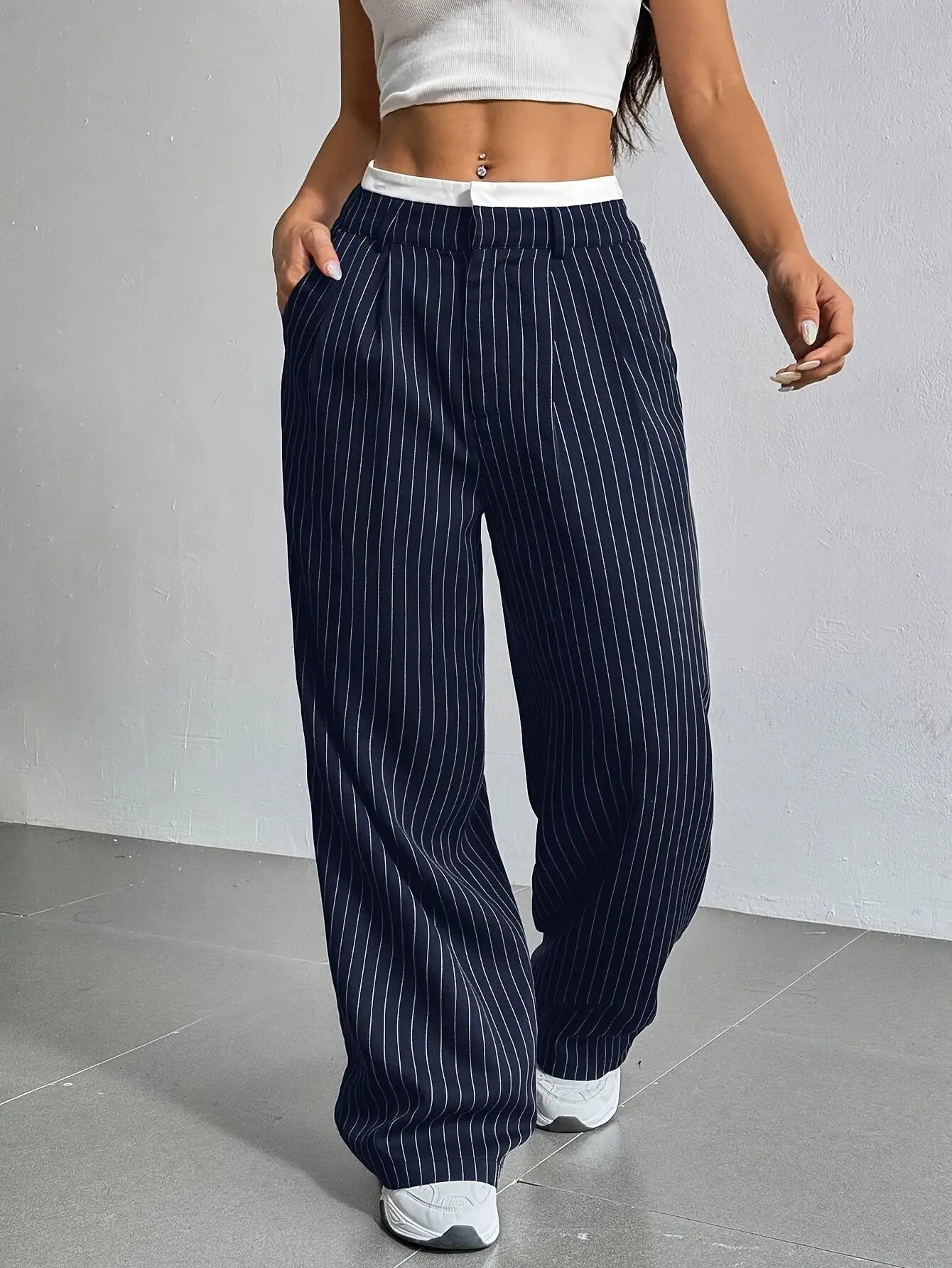 Fashion Pants Women's Stripe Straight Pants 2024 Autumn Winter High Waisted Casual Suit Pants Office Lady Women Trousers Bottoms BAZAARHUBO