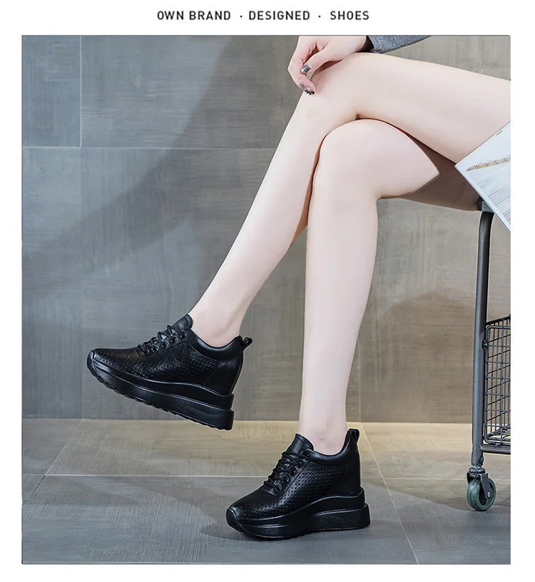 10cm Genuine Leather Women Vulcanize Women Summer Hidden High Heels Platform Wedge Spring Autumn Chunky Sneakers Shoes