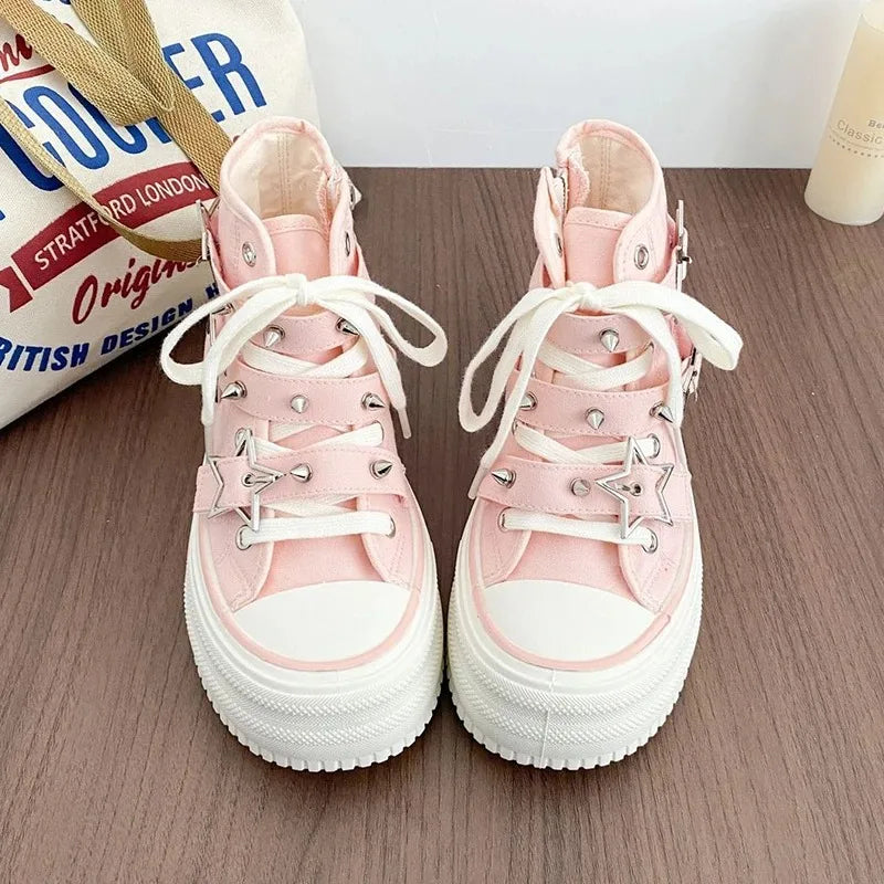 Y2K Pink High-top Canvas Shoes for Women Design Rivet Buckle Lace-up Platform Women's Summer Sports Shoes Fashion Board-shoe