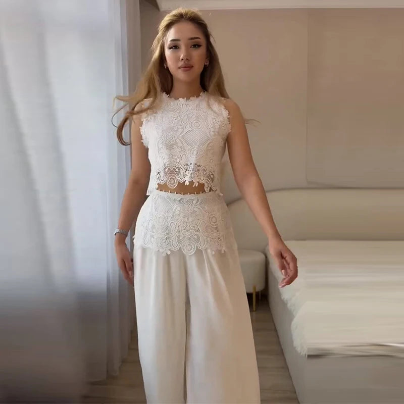 Casual Lace Tops Pants Sets Women O Neck Sleeveless High Waist Wide Legs Outfits Female 2026 Summer Beach Vacation Solid Suits