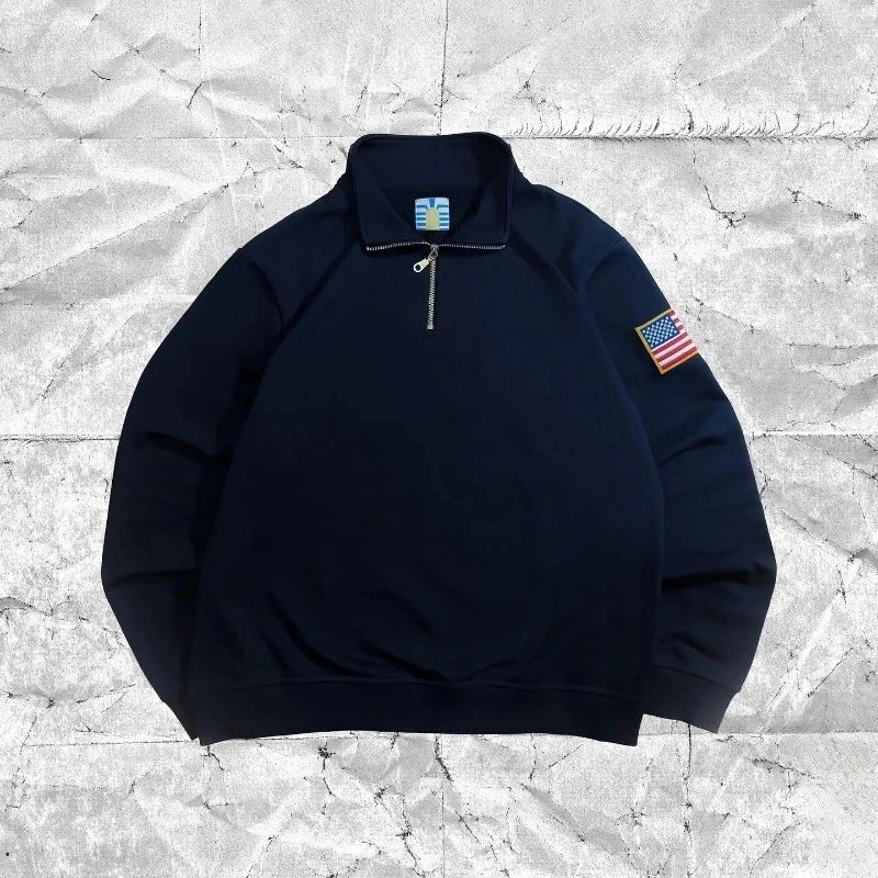 Y2K America Retro Embroidery Pullover White Quarterzip Stand Collar Polo Shirt Sweatshirt Casual Men Clotheing
