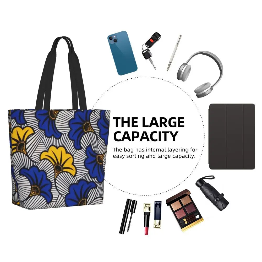African Ankara Prints Grocery Shopping Tote Bags Women Geometric Ethnic Art Canvas Shoulder Shopper Bags Big Capacity Handbag