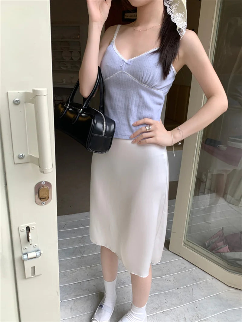 Solid Mermaid Skirts Women American Style Retro Bow Temperament Fashion High Street Slimming Casual All-match Daily Summer Cozy