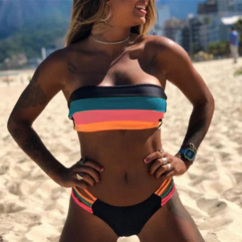 Women's Swimsuit Sexy Split Bikini Plain Cloth Splicing Striped Swimsuit Swimwear