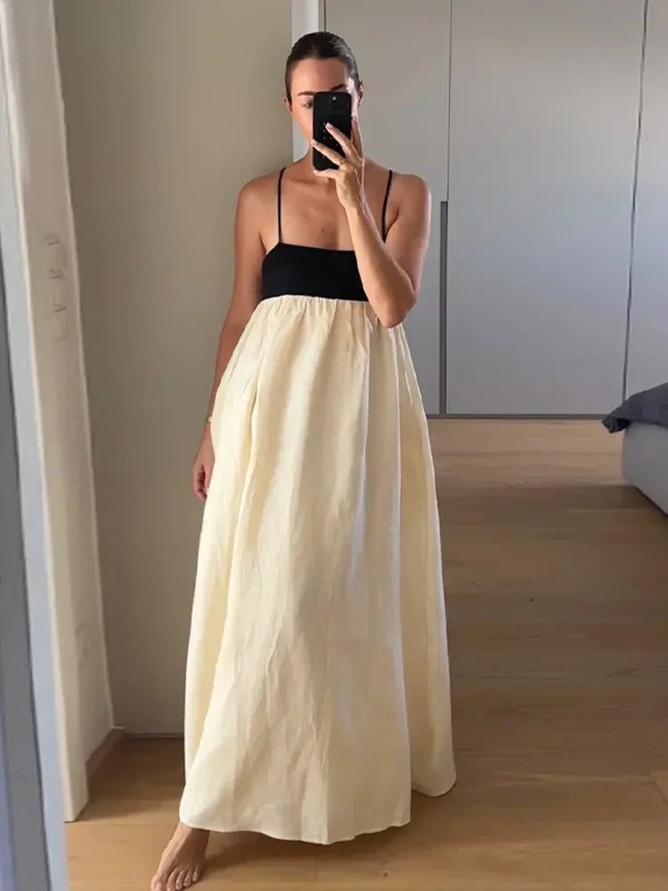 Contrast Splicing Loose Sling Long Dresses Women Square Collar Sleeveless Backless High Waist Dress 2024 Summer Lady Street Robe
