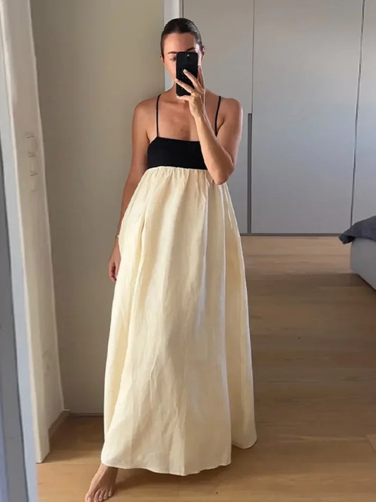Contrast Splicing Loose Sling Long Dresses Women Square Collar Sleeveless Backless High Waist Dress 2024 Summer Lady Street Robe
