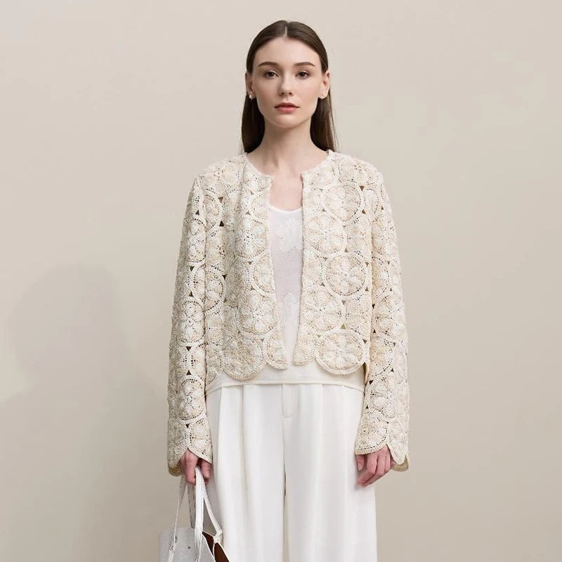 Amii Women Jackets 2026 Spring New Elegant Round Neck Hollow Crochet Jacket Women's Loose Short Cotton Long Sleeve Tops 12621069