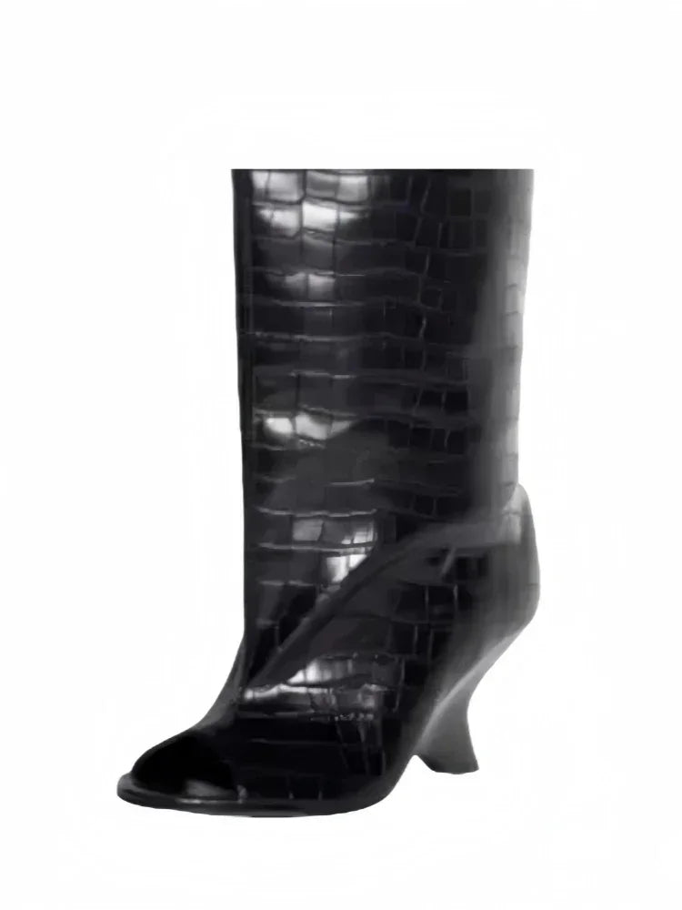 2025 European AndAmerican Nichedesign Versatileopen Toe Long Tube Cool Boots for Women, Crocodile Patterned Irregular High Heels