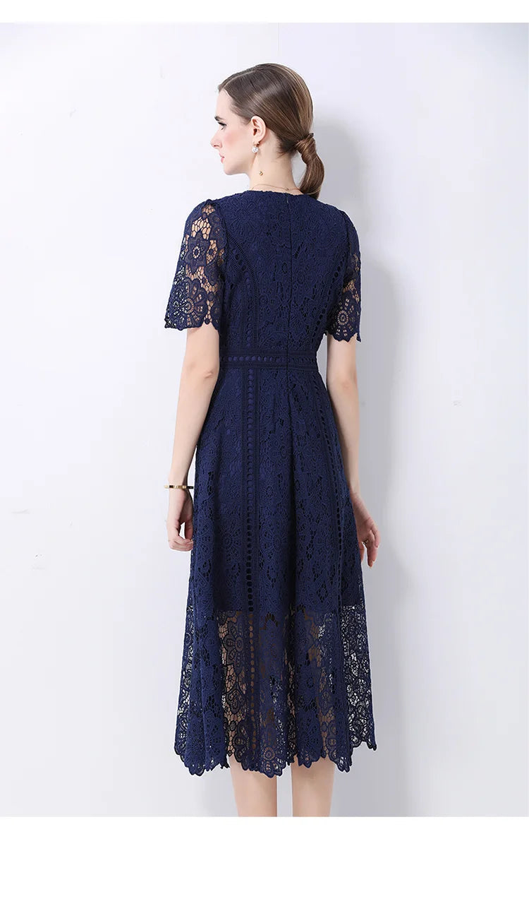 SMTHMA Vintage High-End O-Neck Short Sleeve Lace Hollow Out Dress For Women's Summer Slim Elegant Long Dress Female Clothing