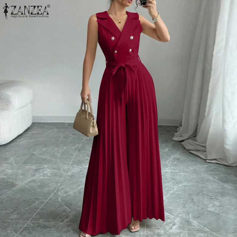 Fashion Women Jumpsuits 2026 ZANZEA Summer Rompers Elegant Wide Leg Work OL Overalls V Neck Sleeveless Pleated Playsuit Trousers