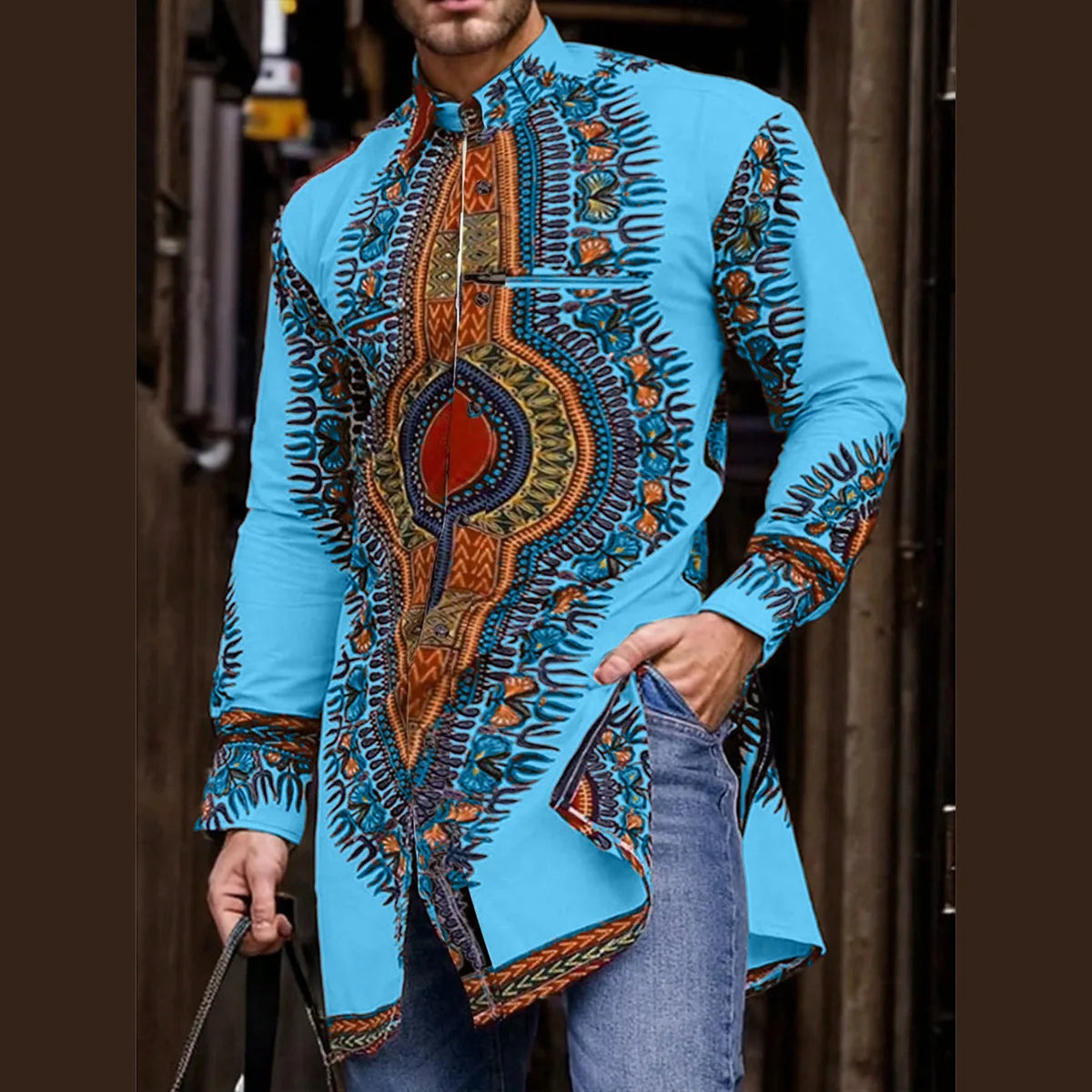 Ethnic Style African Tribal Men Shirts Round Neck Long Sleeve Business Casual Slim Blouses Comfy Traditional Long Tops Gentleman