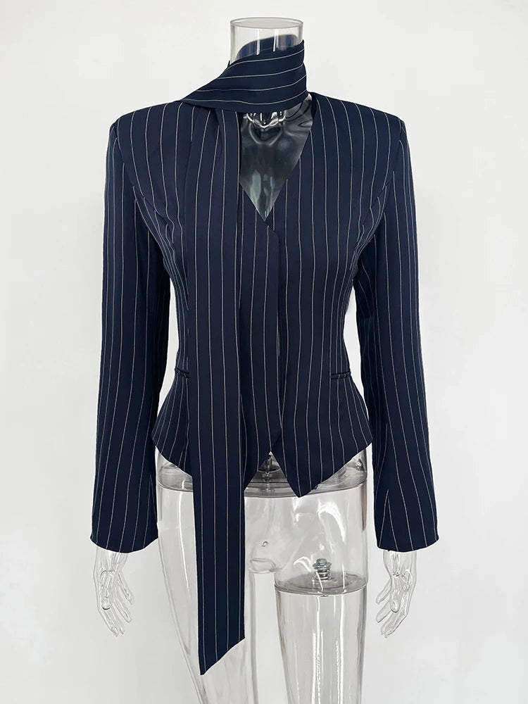 Taruxy Striped Print Vneck Ribbon Suit Coat For Women Long Sleeve Office Blazer