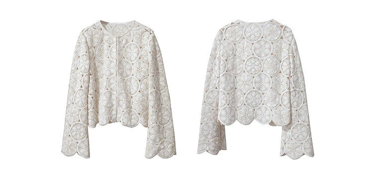 Amii Women Jackets 2026 Spring New Elegant Round Neck Hollow Crochet Jacket Women's Loose Short Cotton Long Sleeve Tops 12621069
