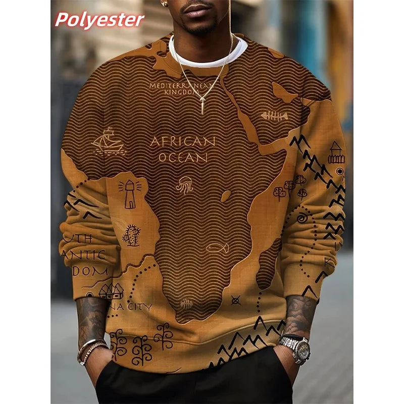 African Ocean Pattern Hoodie For Men Africa Map 3D Printed Pullover Autumn Long Sleeve Loose Round Neck Hoodies Sweatshirt Tops